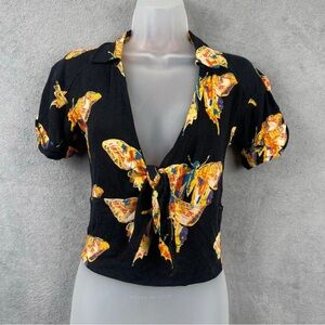 Free People Womens Tie Front Cropped Top SZ S Black Neon Butterflies Y2K
